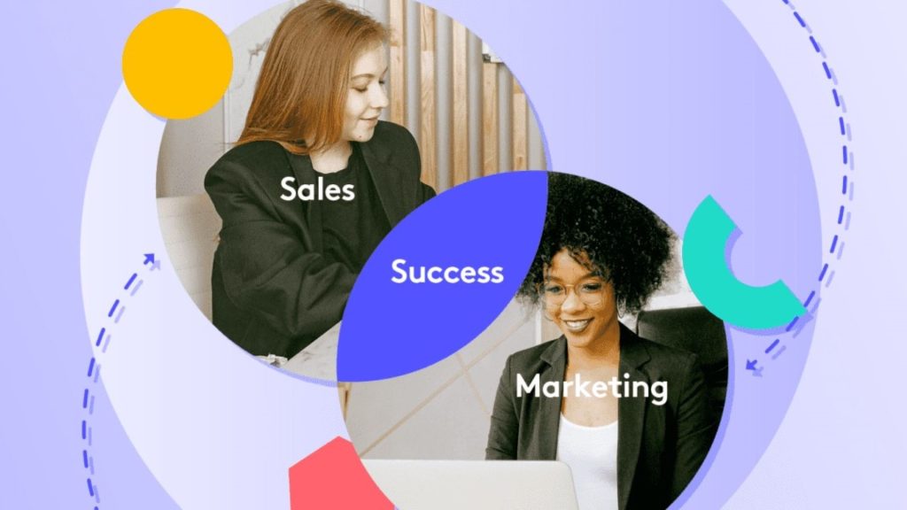 Illustration of 2 office workers in sales and marketing conducting account based marketing.
